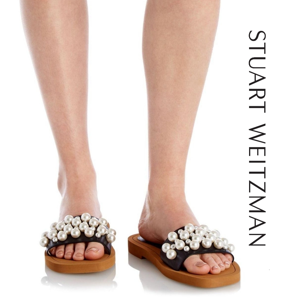 Stuart Weitzman Goldie Faux Pearl-Studded Leather Slides Size 9 Authentic - Picture 2 of 9